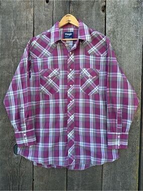 VTG 80s Wrangler Western Cowboy Mauve Plaid Pearl Snap Button Up 16 1/2 - 33